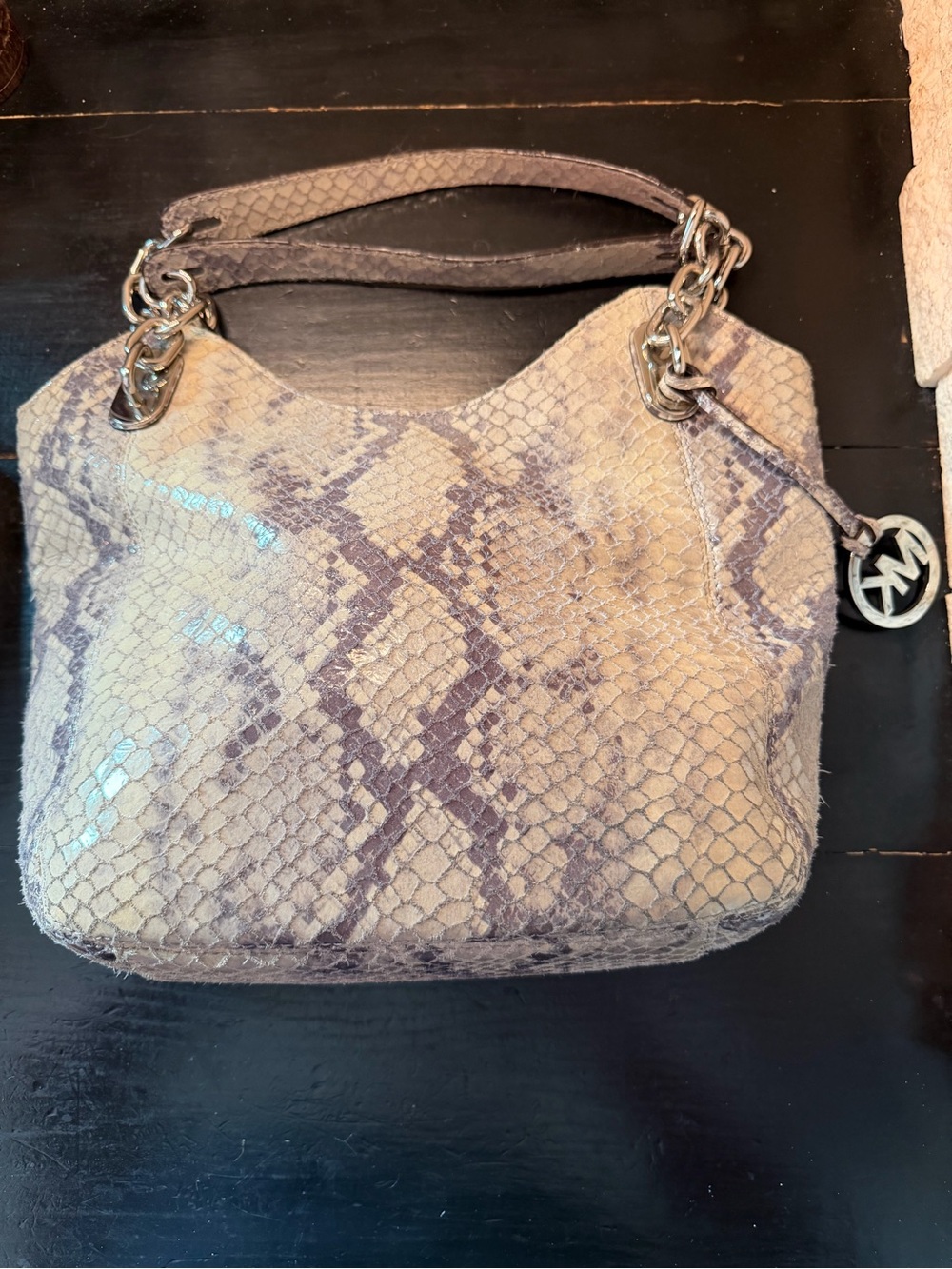 Michael Kors Snakeskin Shoulder Bag Double Chain Handles Bag Charm Logo Purse